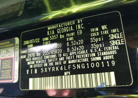 2022 Kia Sorento Sx Prestige from USA, damaged, VIN 5XYRK4LF5NG100119